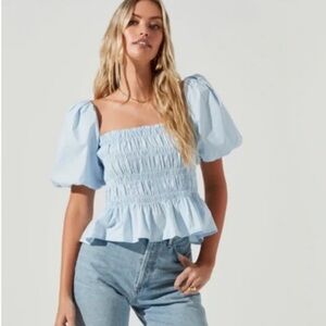 Astr Light Blue Puff Sleeve Blouse